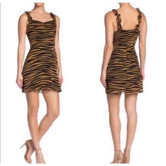 All in Favor Ruffle Straps Tiger Print Mini Dress Brown/Black Women's XS Party - Picture 3 of 9